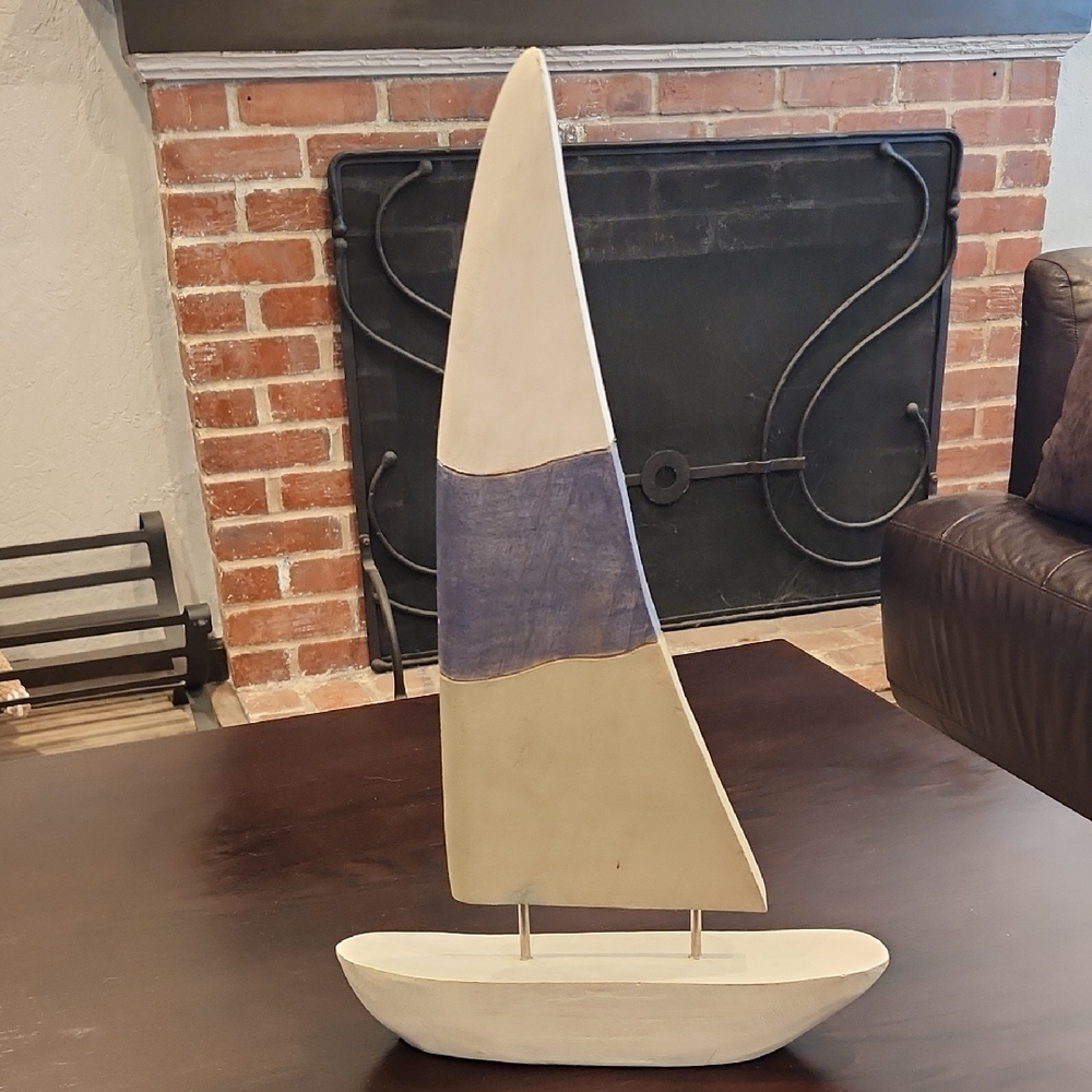 Modern Cream and Blue Sailboat Wooden Sculpture